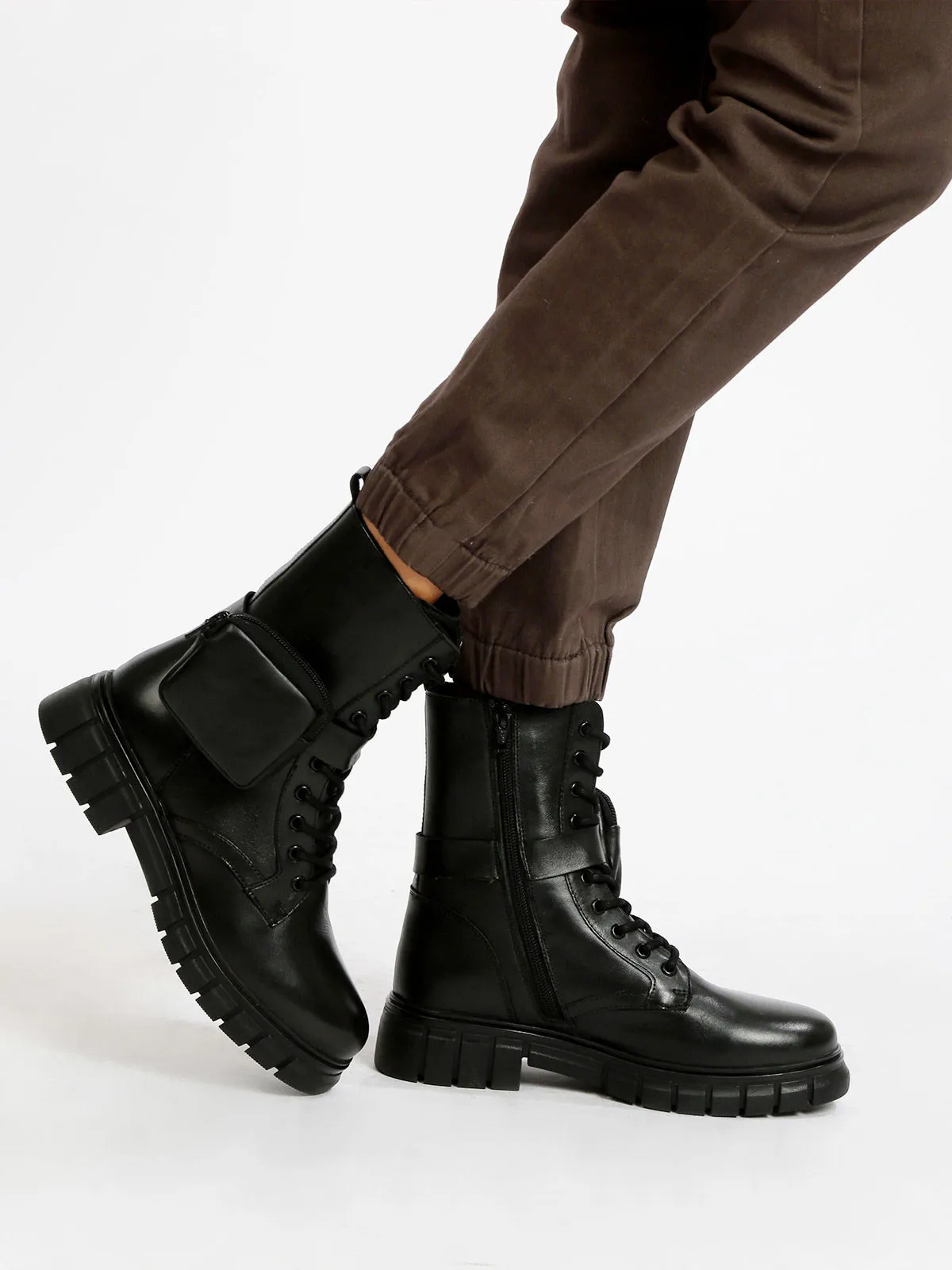 Hosis You Bottes de combat femme en cuir avec poche