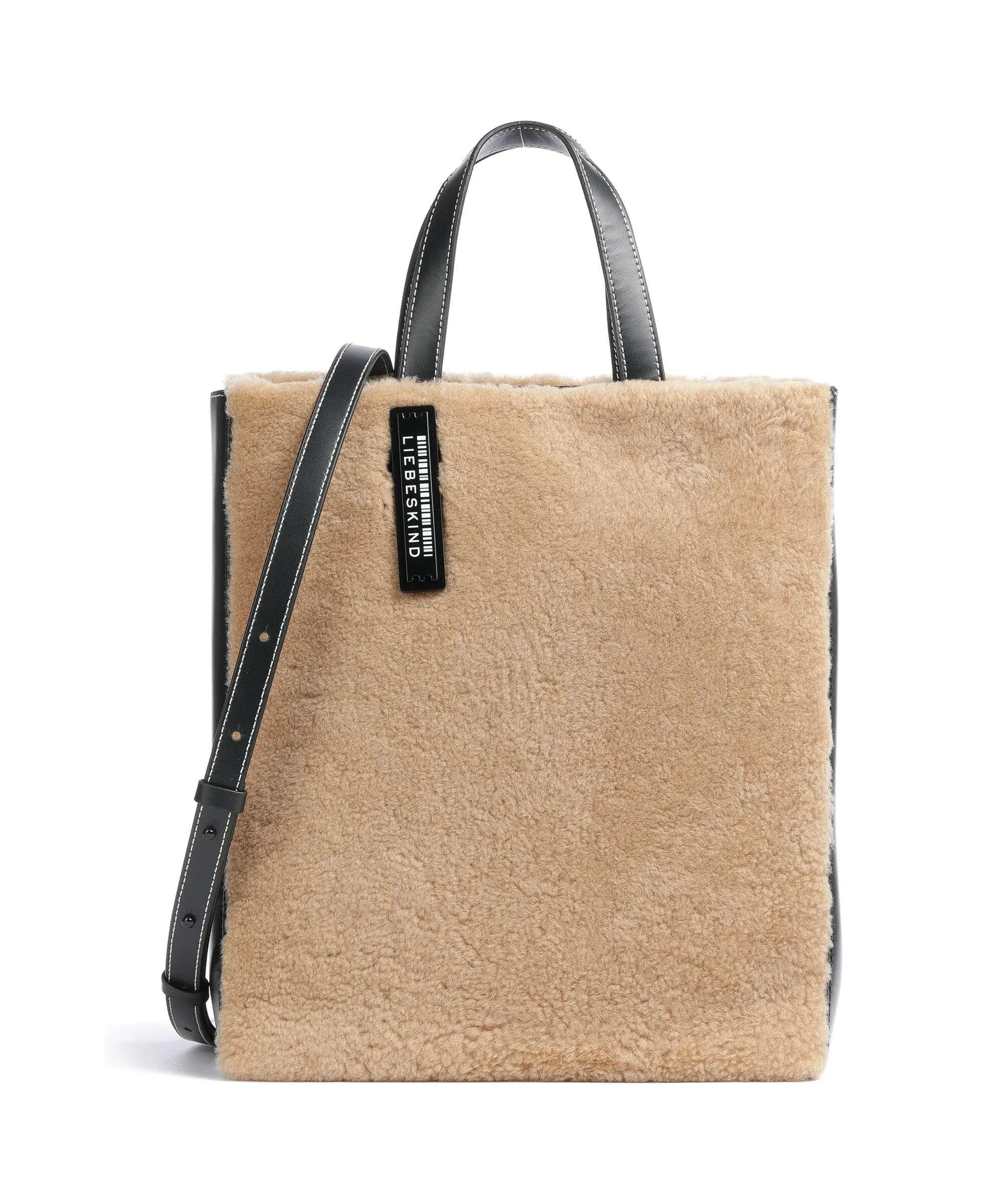  Liebeskind Paper Bag Shearling M Borsa a mano pelle a grana fine, eco-pelliccia marrone/nero  