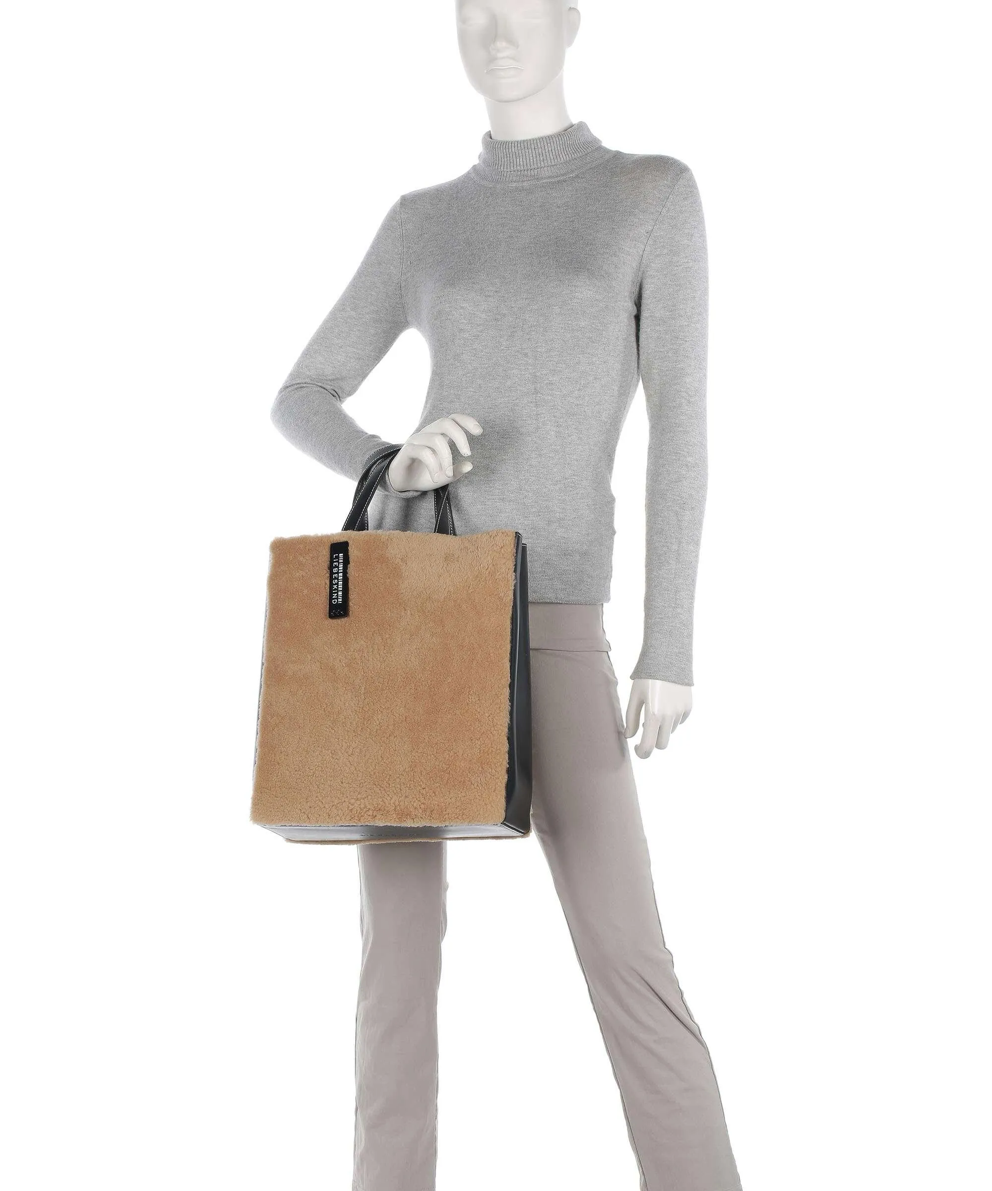  Liebeskind Paper Bag Shearling M Borsa a mano pelle a grana fine, eco-pelliccia marrone/nero  