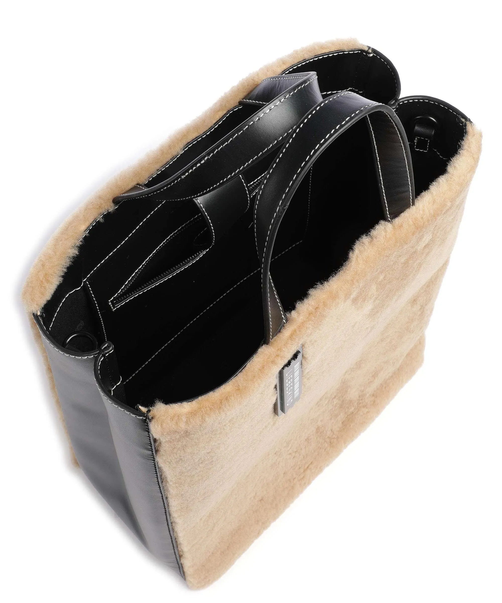  Liebeskind Paper Bag Shearling M Borsa a mano pelle a grana fine, eco-pelliccia marrone/nero  