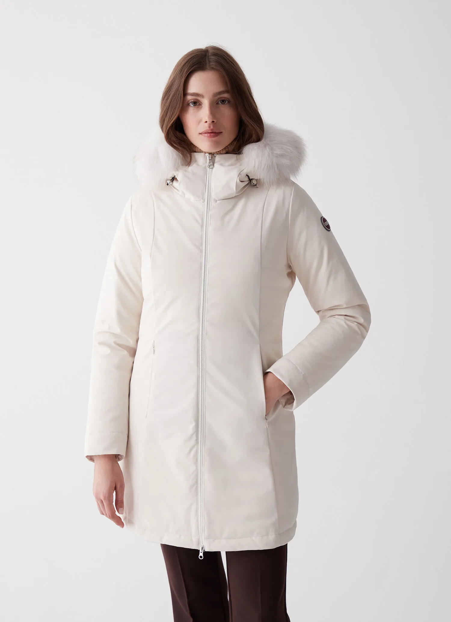 Longline 3 layer satin down jacket with hood
