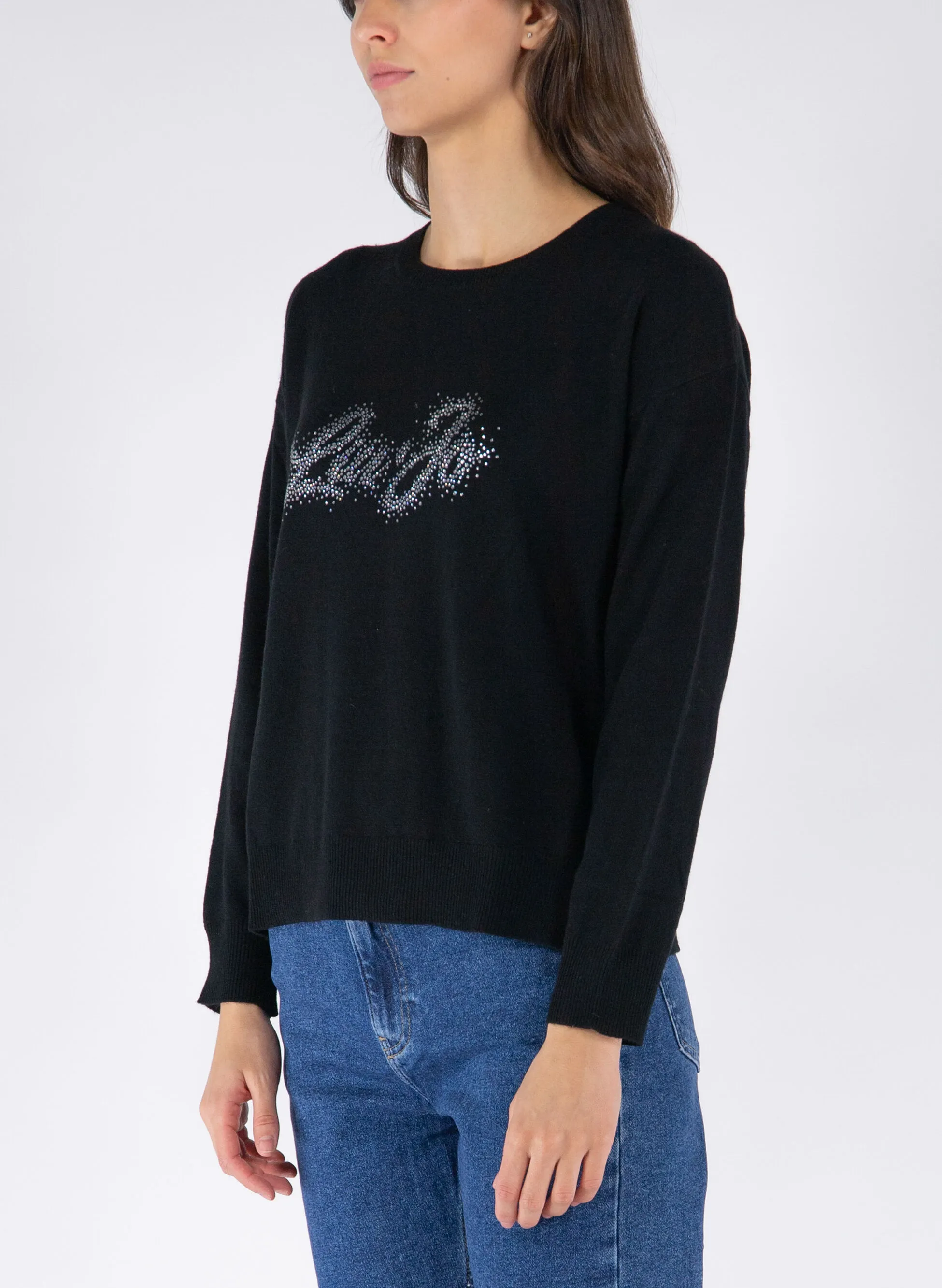 maglione girocollo con logo strass