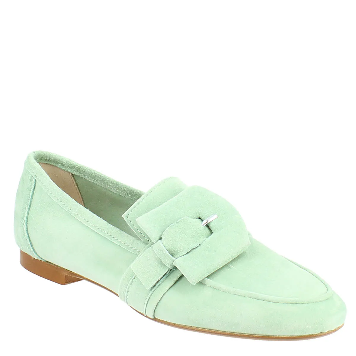 Mocassino da donna in camoscio color menta.