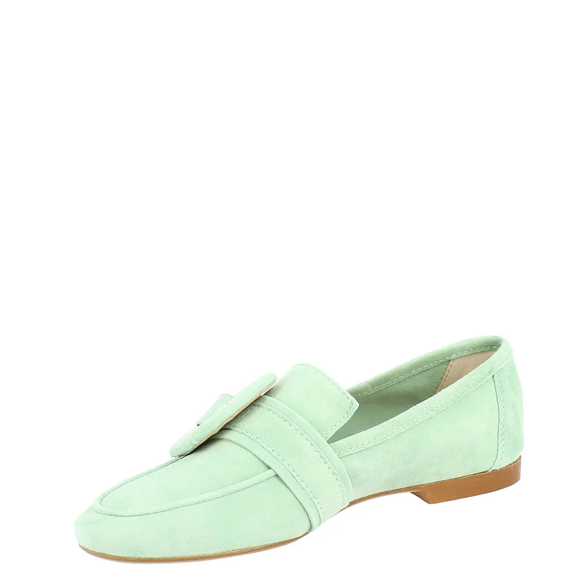 Mocassino da donna in camoscio color menta.