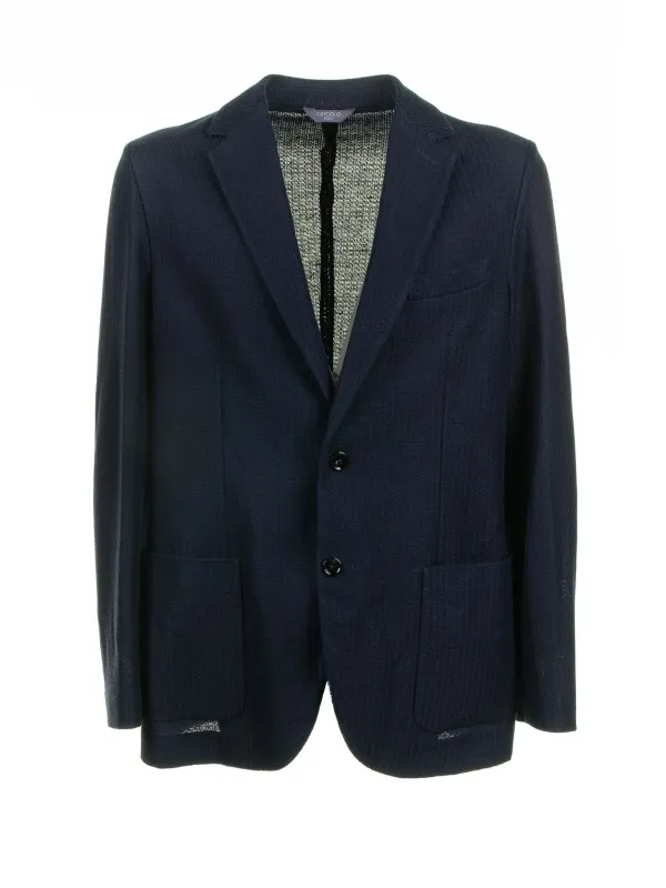 Navy blue single-breasted linen and cotton jacket