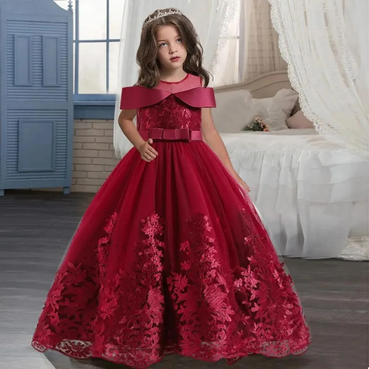 Ragazza di fiore Cerimonia di laurea Foto d'arte Abito con bretelle Ricamato Abito da comunione per bambini Principessa Ballo nu