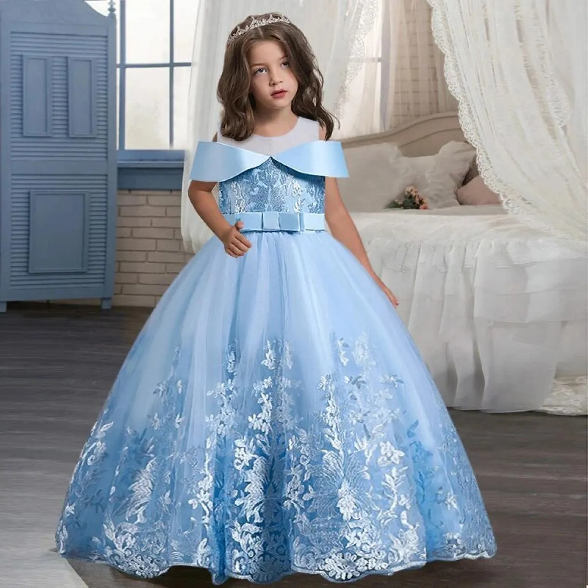 Ragazza di fiore Cerimonia di laurea Foto d'arte Abito con bretelle Ricamato Abito da comunione per bambini Principessa Ballo nu