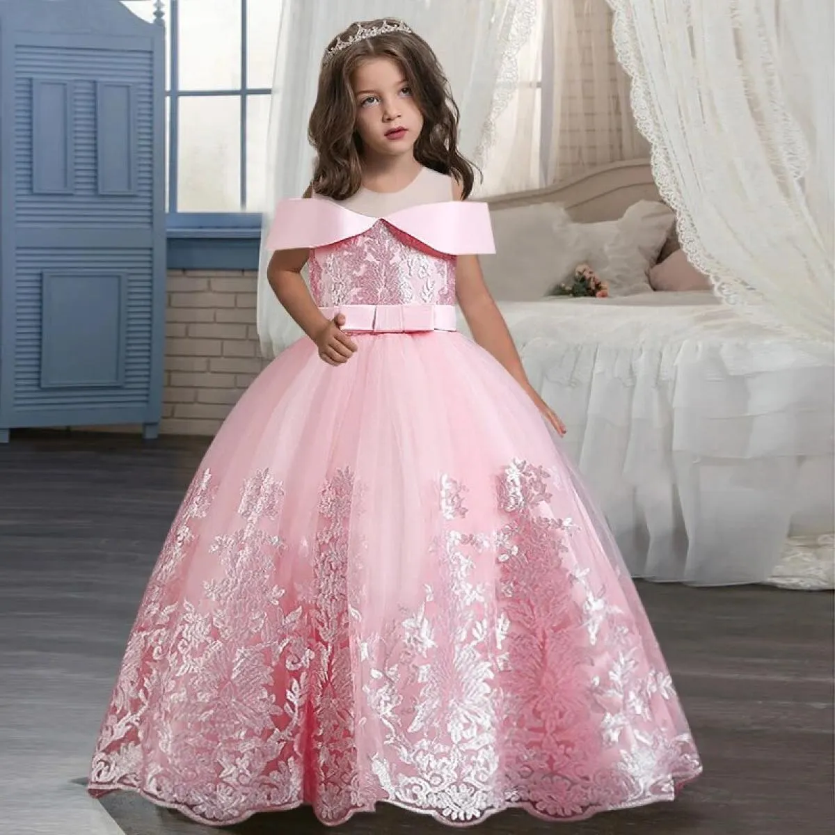 Ragazza di fiore Cerimonia di laurea Foto d'arte Abito con bretelle Ricamato Abito da comunione per bambini Principessa Ballo nu
