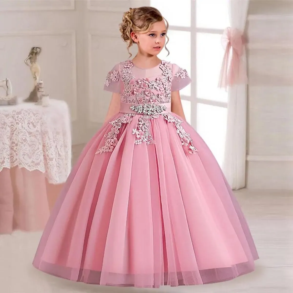 Ragazza di fiore Cerimonia di laurea Foto d'arte Abito con bretelle Ricamato Abito da comunione per bambini Principessa Ballo nu