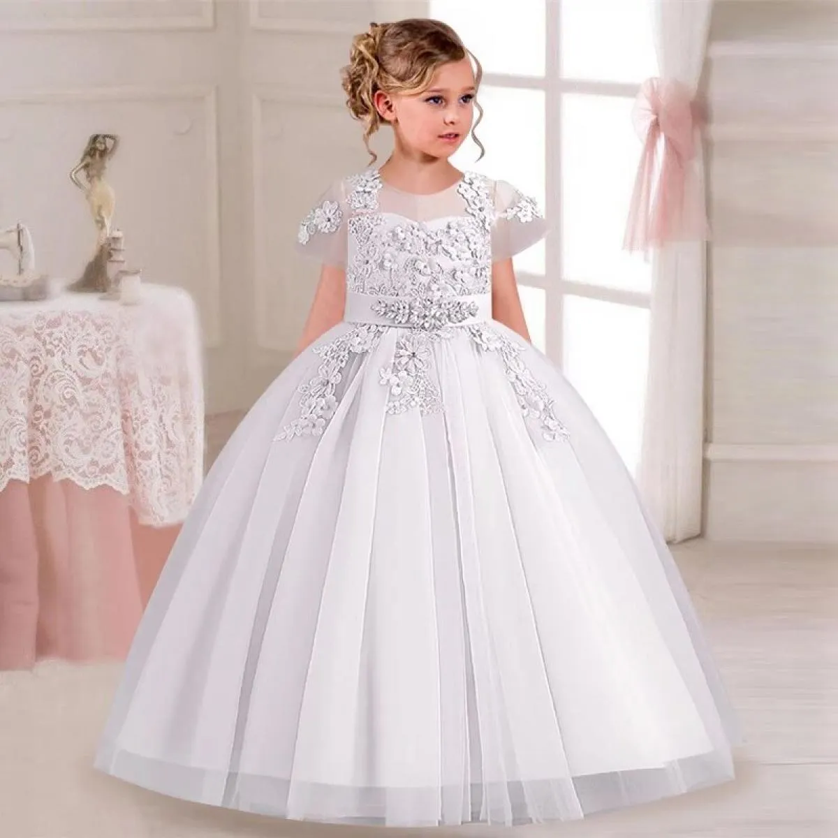 Ragazza di fiore Cerimonia di laurea Foto d'arte Abito con bretelle Ricamato Abito da comunione per bambini Principessa Ballo nu