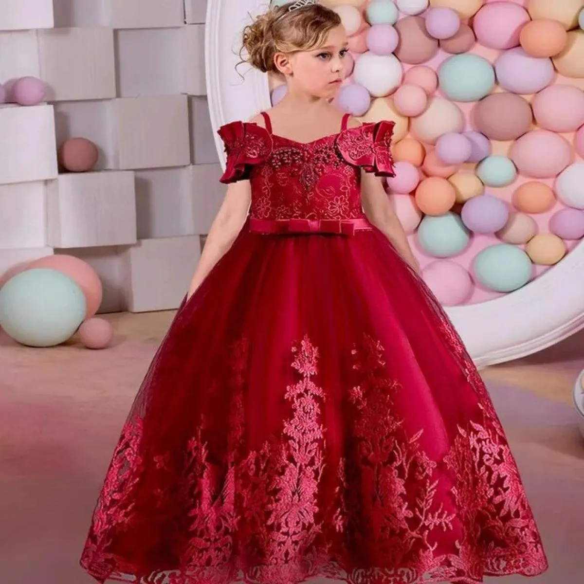 Ragazza di fiore Cerimonia di laurea Foto d'arte Abito con bretelle Ricamato Abito da comunione per bambini Principessa Ballo nu