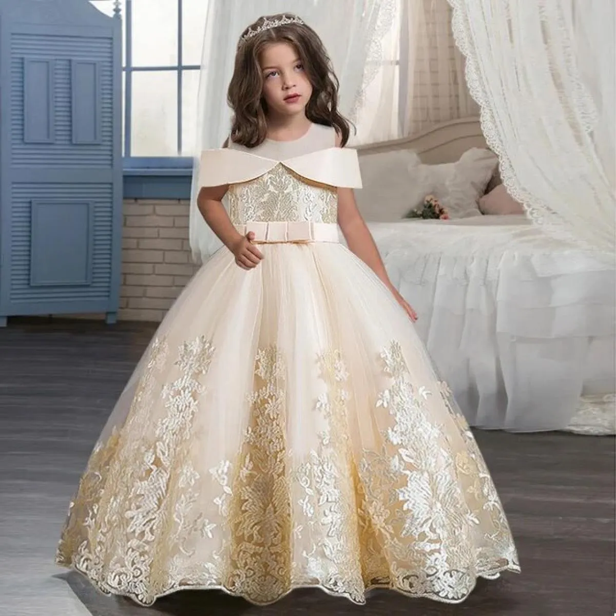 Ragazza di fiore Cerimonia di laurea Foto d'arte Abito con bretelle Ricamato Abito da comunione per bambini Principessa Ballo nu