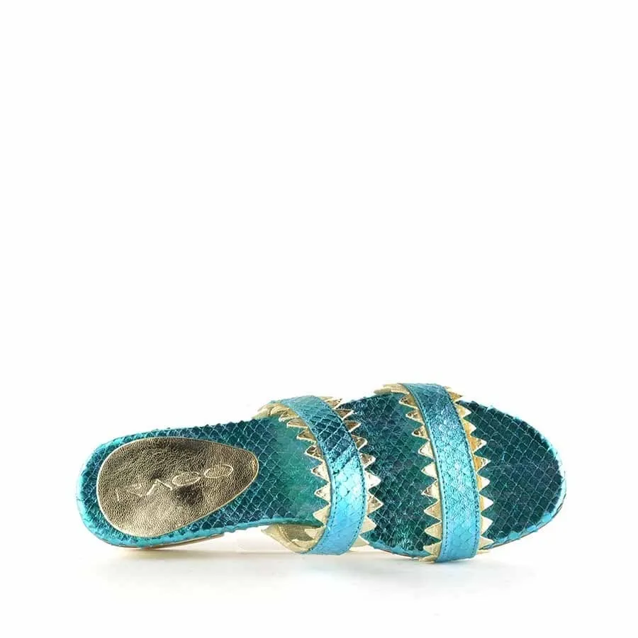 Rago collection sandalo flat ciabattina due fasce pelle stampa pitone verde