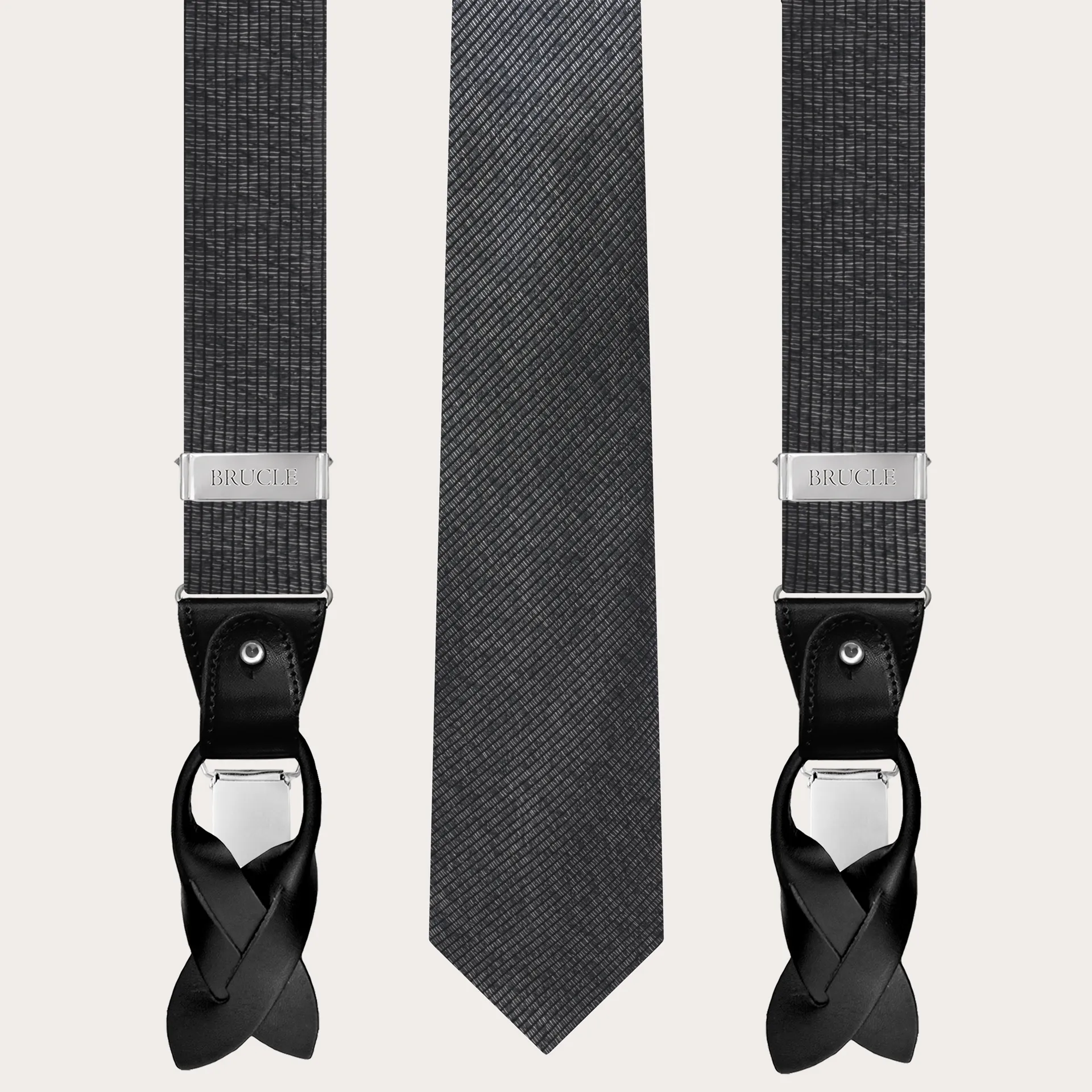 Set bretelle e cravatta in luminosa seta melange nero e argento