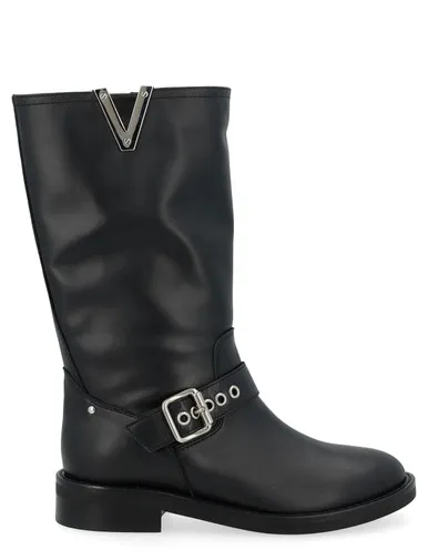 Stivale biker Via Roma 15 in pelle nera con fibbie