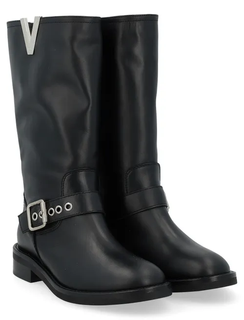 Stivale biker Via Roma 15 in pelle nera con fibbie