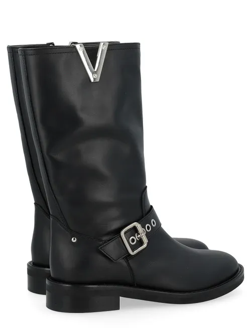 Stivale biker Via Roma 15 in pelle nera con fibbie
