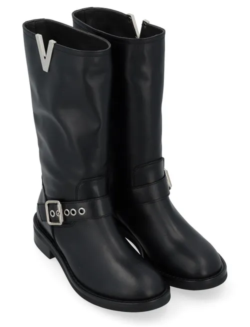 Stivale biker Via Roma 15 in pelle nera con fibbie