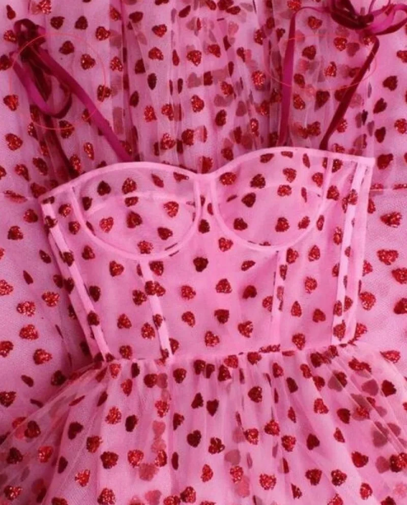 Sweet Heart Patterned Mesh Dress 2022 Cute Long High Waisted Perspective Slip Low Cut Backless Maxi Dress