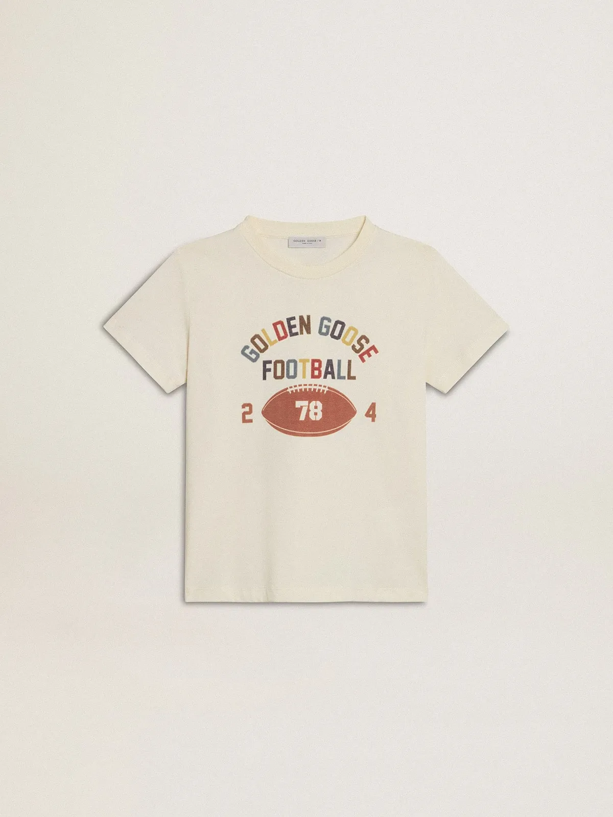 T-shirt da bambino color bianco vissuto con scritta multicolor