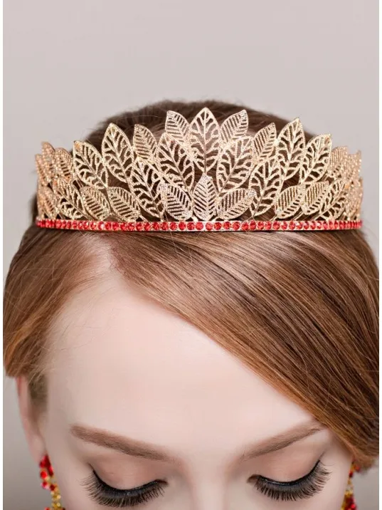 Tiara con foglie dorate ed Orecchini di strass rossi