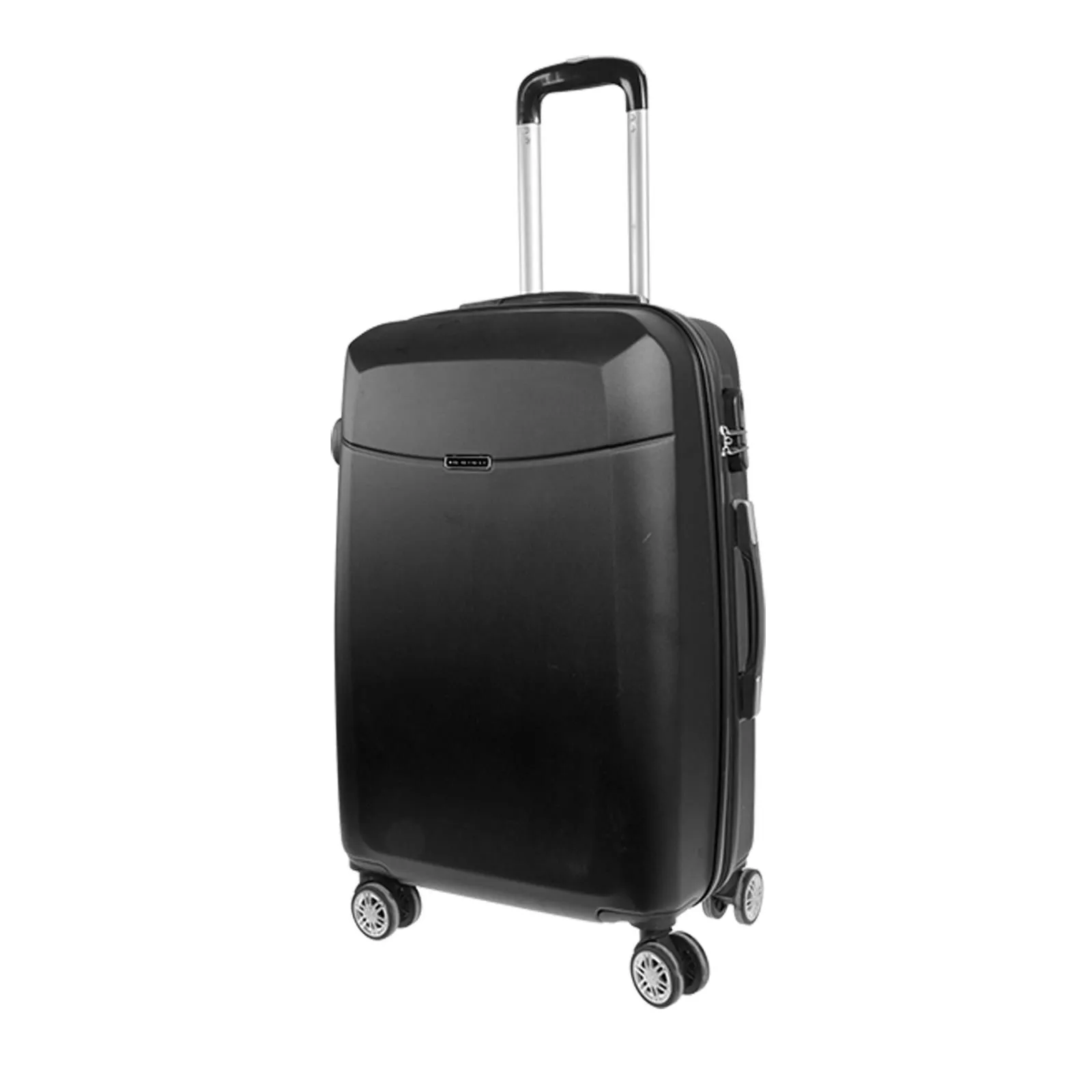 Trolley nero piccolo rigido con quattro ruote e lucchetto fisso a combinazione