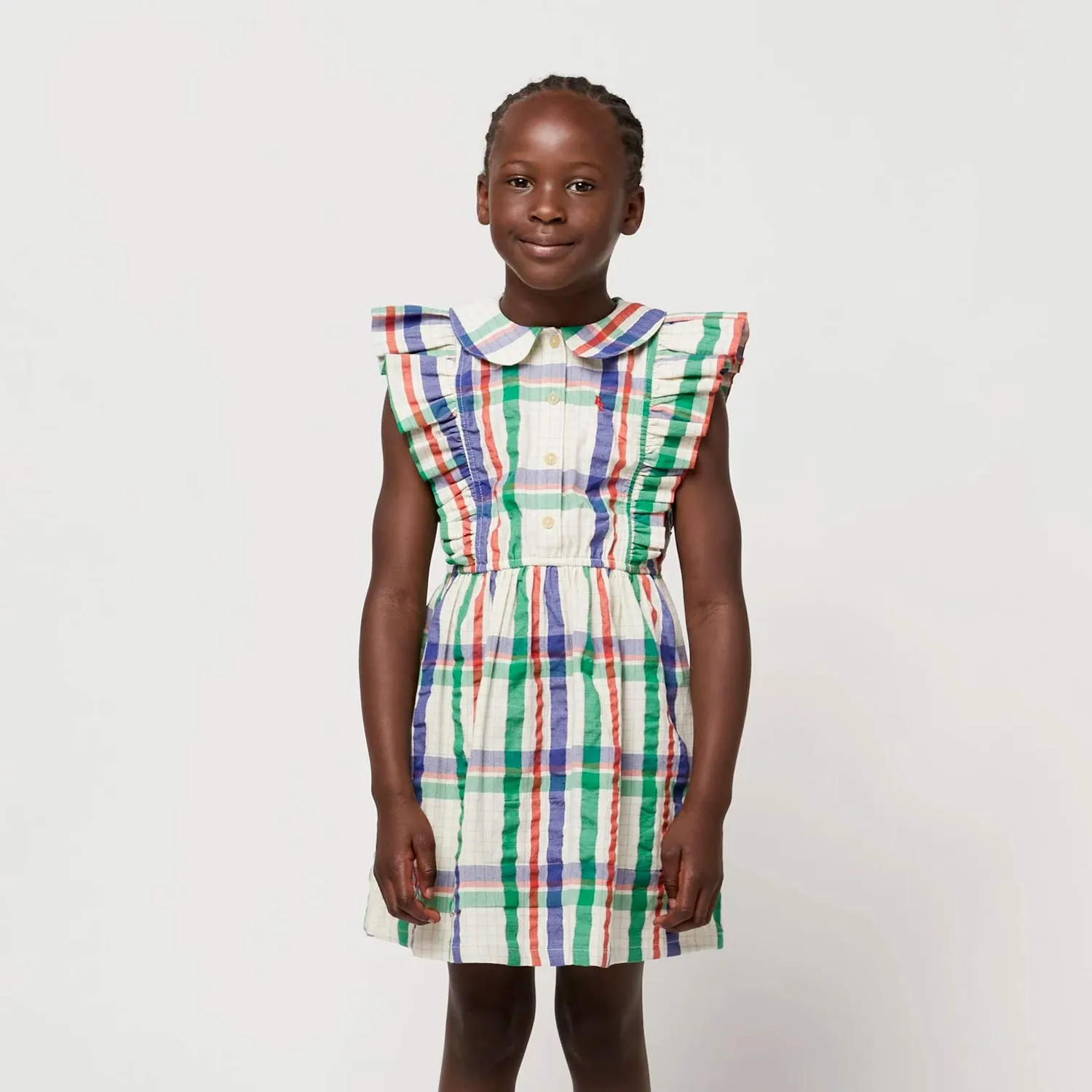 Vestito Beige A Quadri Rossi, Blu E Verdi Bambina
