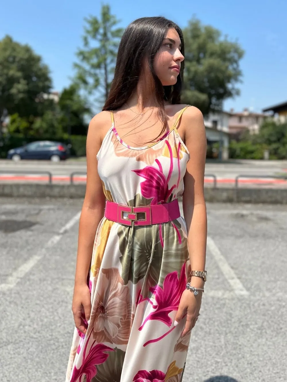 Vestito lungo fiori raso