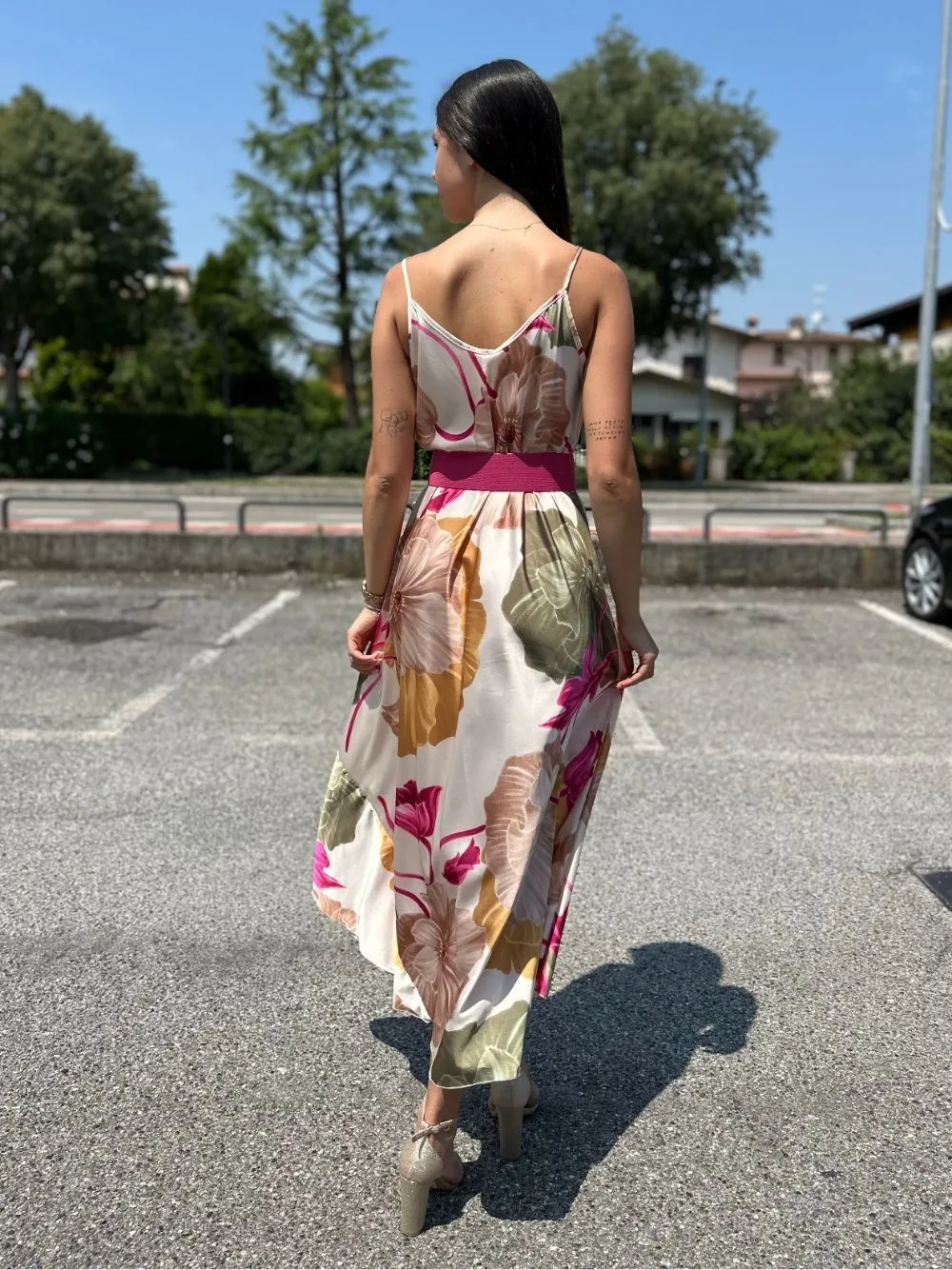 Vestito lungo fiori raso