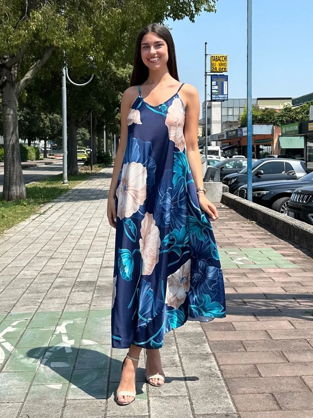 Vestito lungo fiori raso