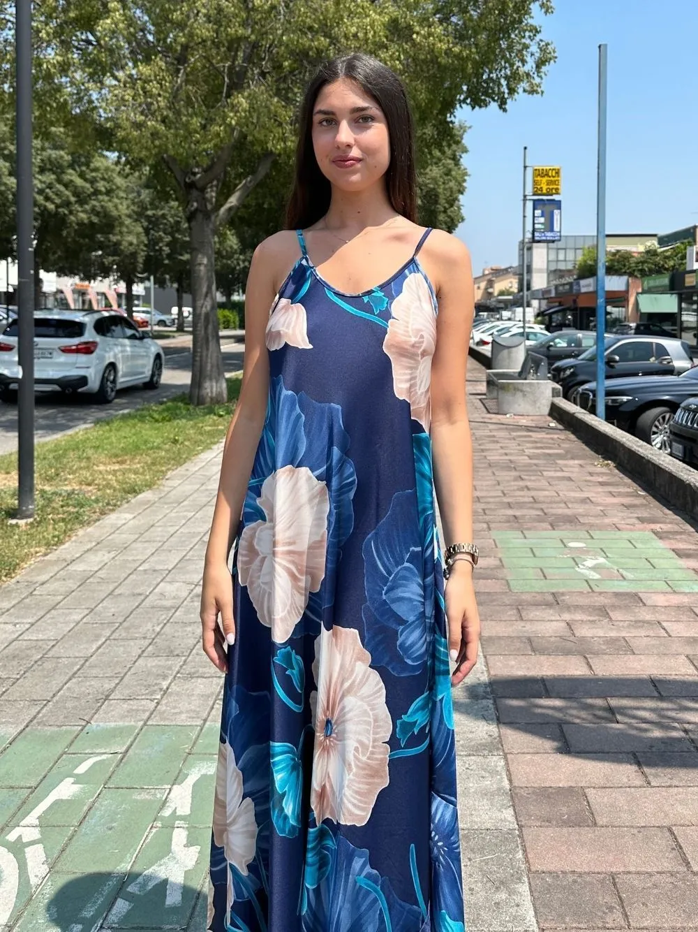 Vestito lungo fiori raso