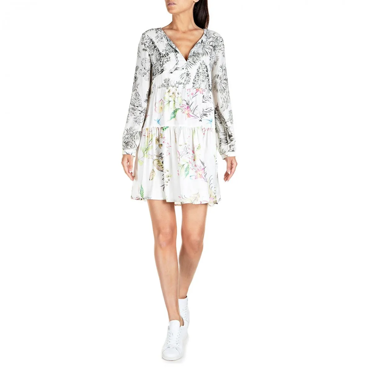 Vestito Mix Tessuti All-Over, Bianco