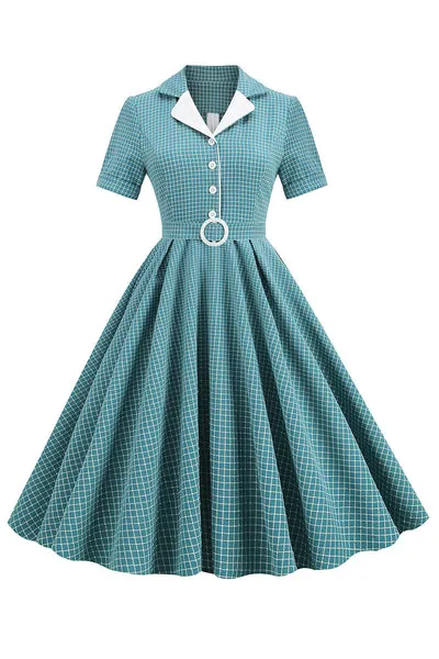 Vintage V Neck Blue Plaid Abito anni '50