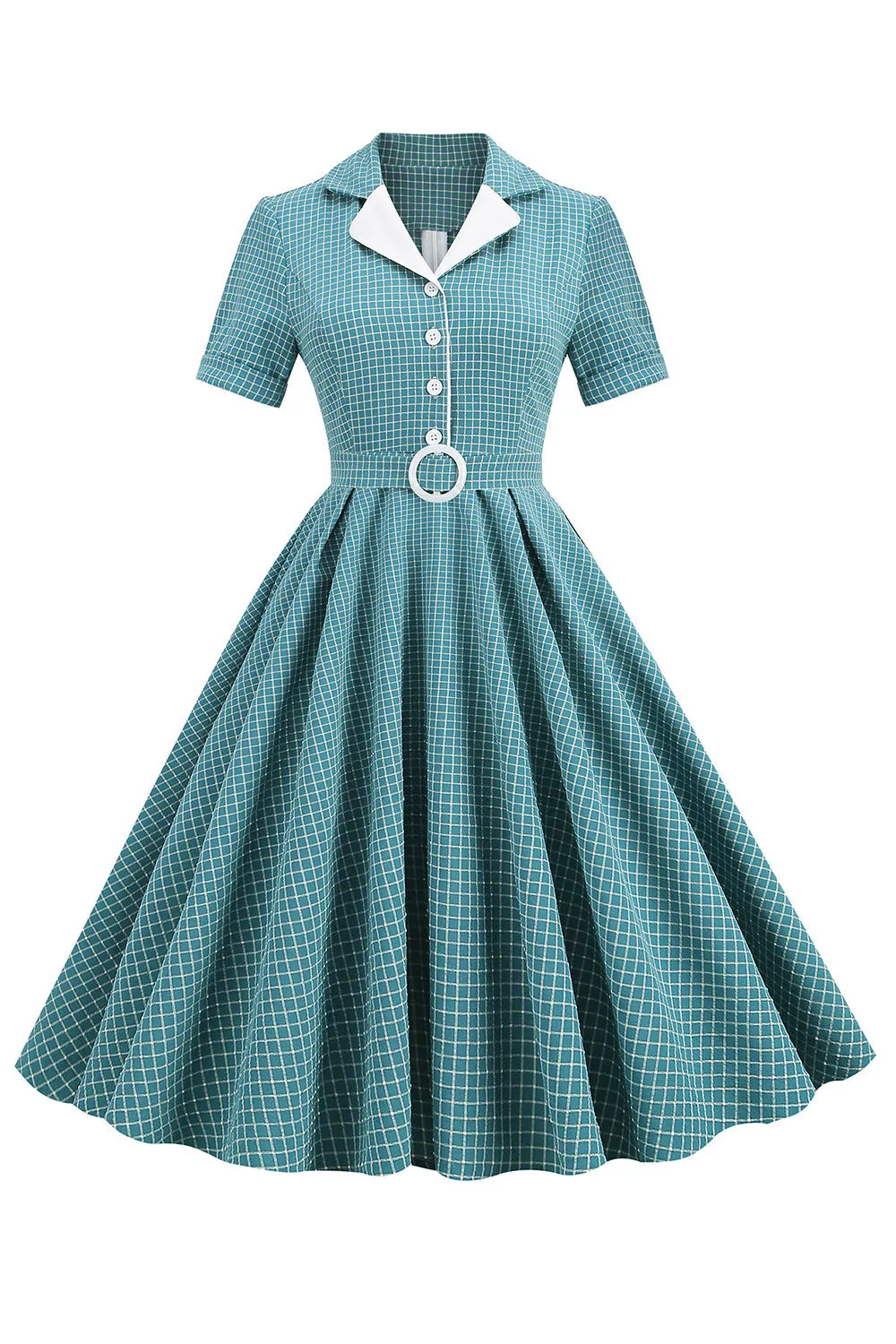 Vintage V Neck Blue Plaid Abito anni '50