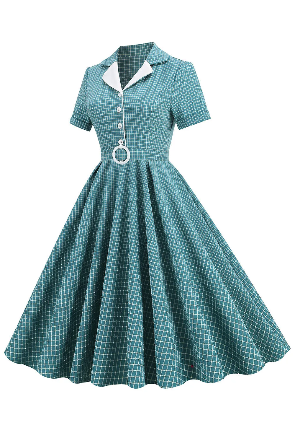 Vintage V Neck Blue Plaid Abito anni '50