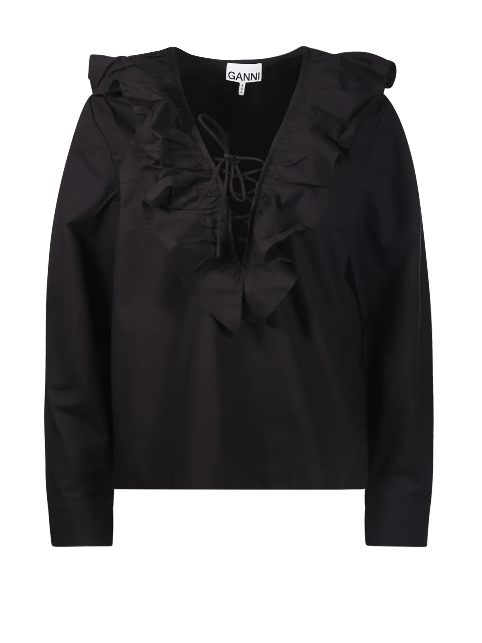 WOMAN GANNI BLACK ORGANIC COTTON RUFFLE V-NECK BLOUSE