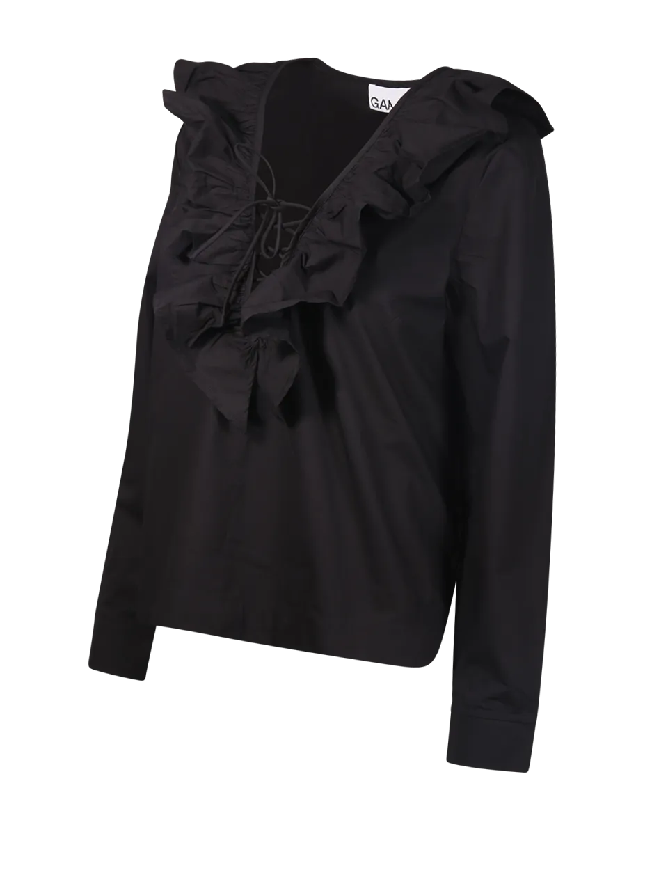 WOMAN GANNI BLACK ORGANIC COTTON RUFFLE V-NECK BLOUSE