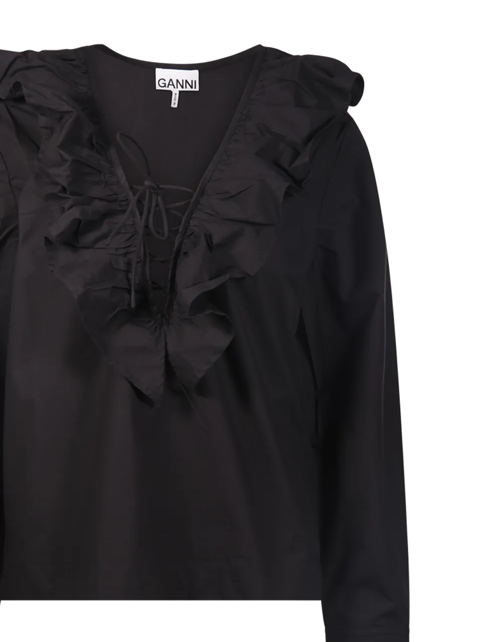WOMAN GANNI BLACK ORGANIC COTTON RUFFLE V-NECK BLOUSE