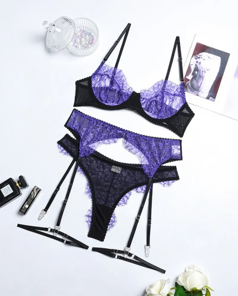 Yimunancy Set di 3 pezzi di reggiseno in pizzo di colore a contrasto Set di biancheria intima da donna Set di mutandine viola da