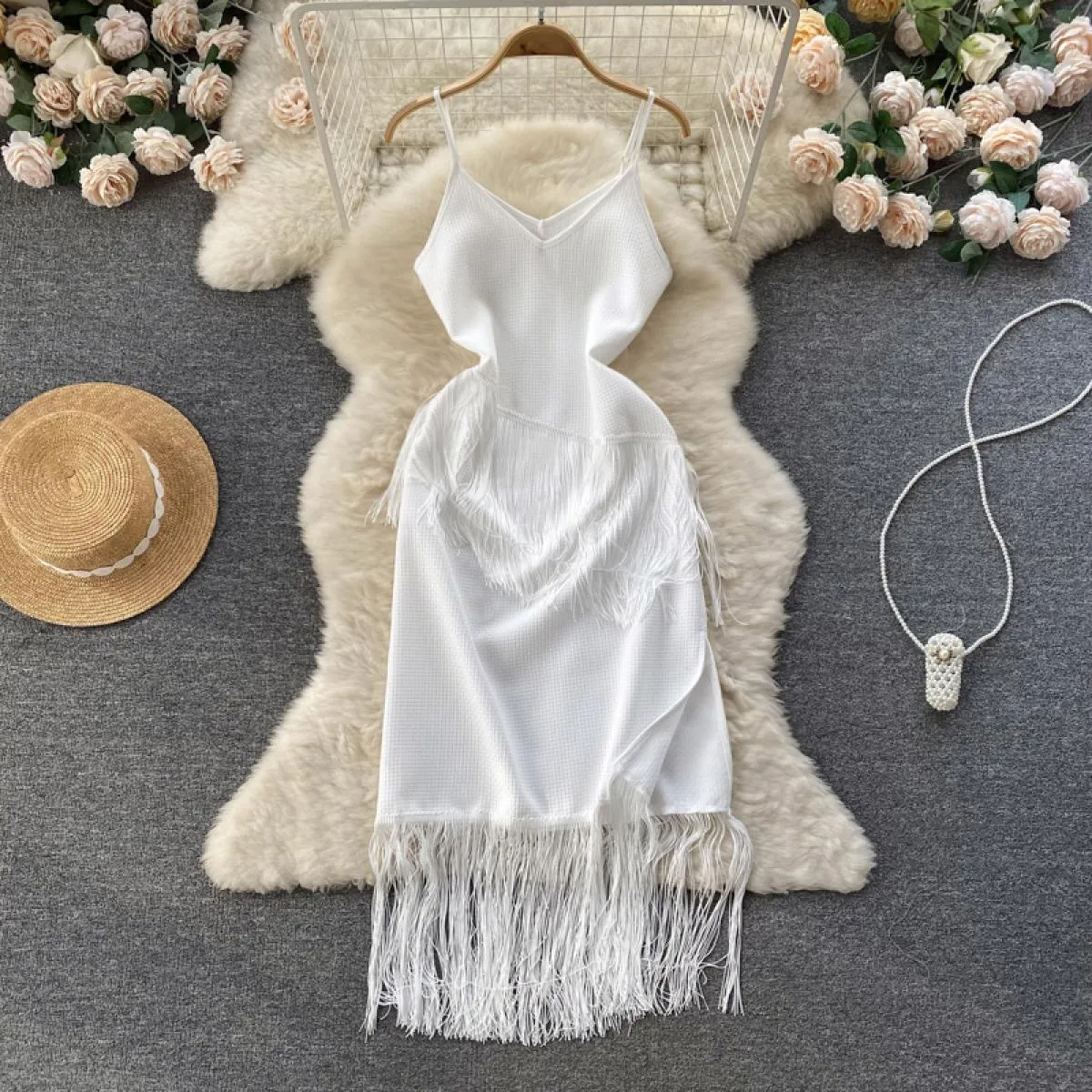 Youe Abito estivo bohémien per donna Fodero bianco Abito lungo Nappa Chic ed elegante aderente con cinturino per spaghetti Beach