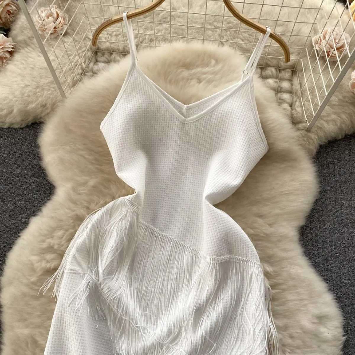 Youe Abito estivo bohémien per donna Fodero bianco Abito lungo Nappa Chic ed elegante aderente con cinturino per spaghetti Beach