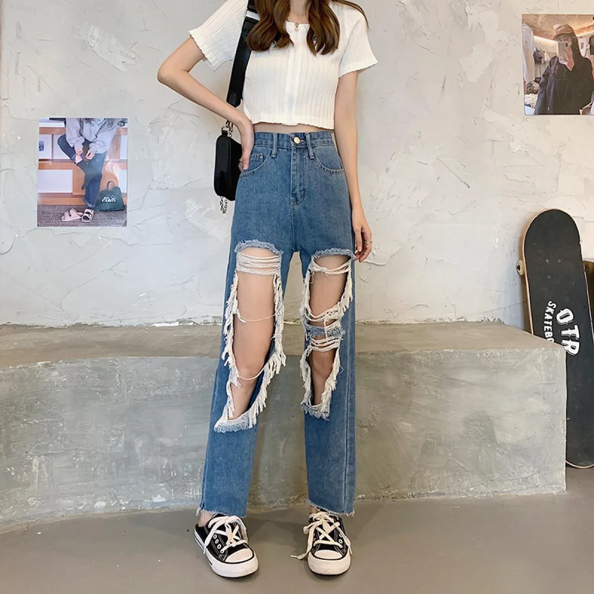 Zoki Jeans da donna di grandi dimensioni Moda con foro nappa Vita alta Pantaloni in denim alla caviglia Gambe dritte Blu Nappa a
