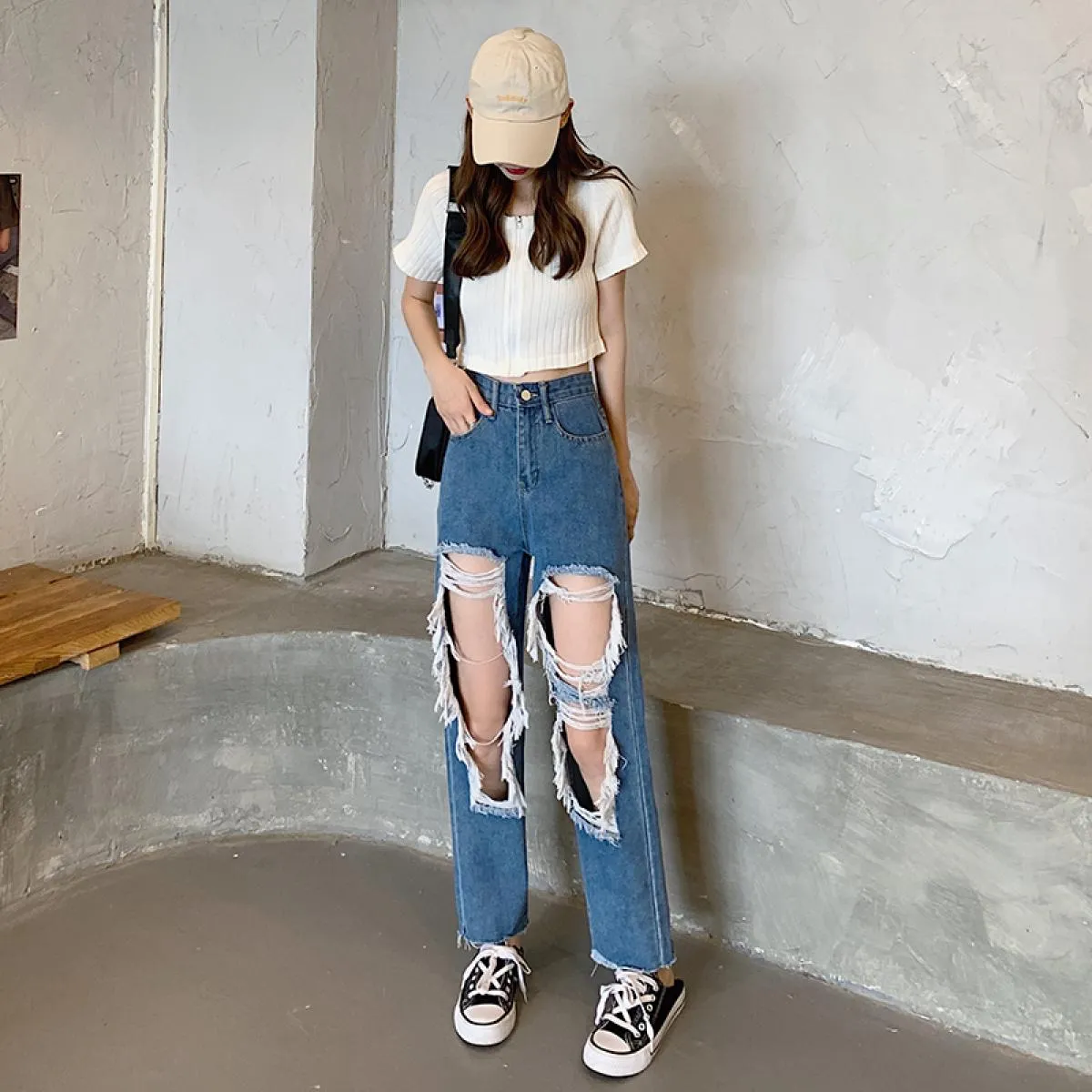 Zoki Jeans da donna di grandi dimensioni Moda con foro nappa Vita alta Pantaloni in denim alla caviglia Gambe dritte Blu Nappa a