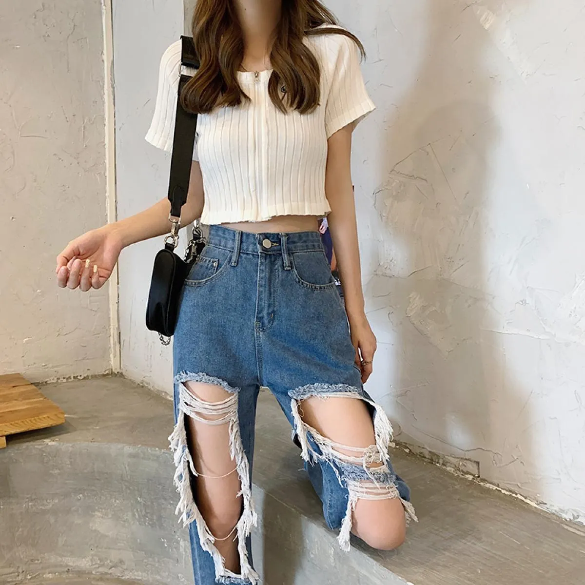 Zoki Jeans da donna di grandi dimensioni Moda con foro nappa Vita alta Pantaloni in denim alla caviglia Gambe dritte Blu Nappa a