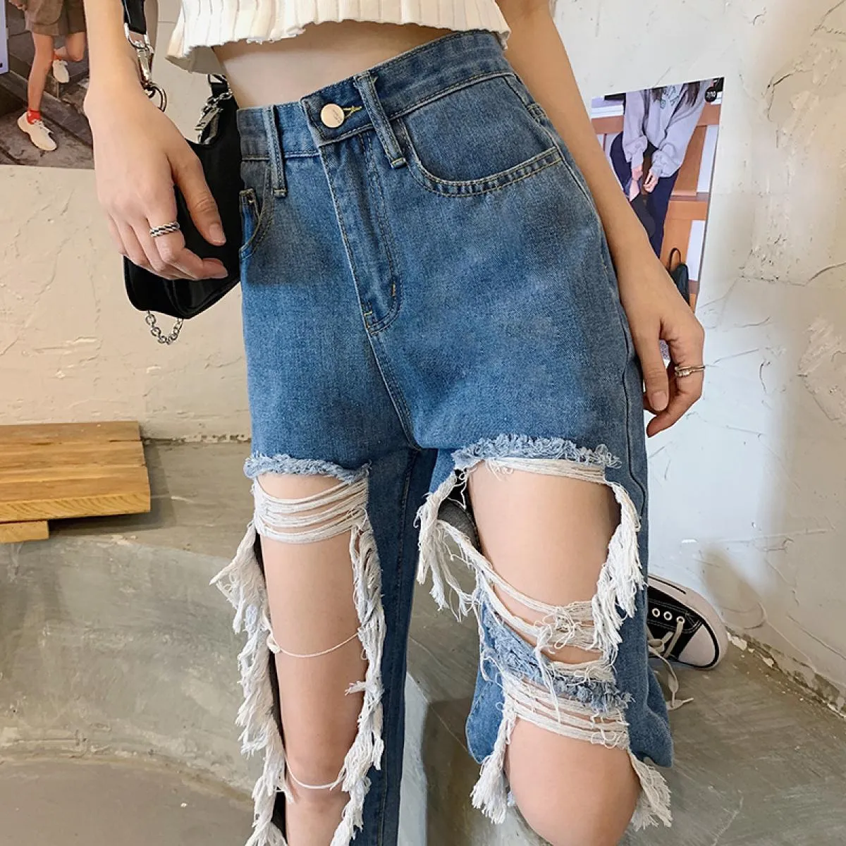 Zoki Jeans da donna di grandi dimensioni Moda con foro nappa Vita alta Pantaloni in denim alla caviglia Gambe dritte Blu Nappa a