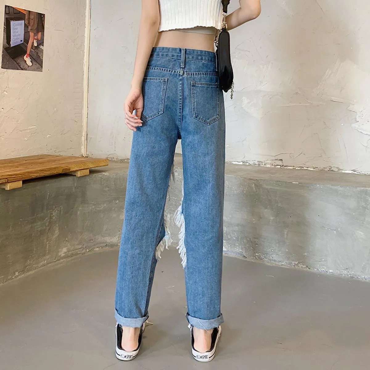 Zoki Jeans da donna di grandi dimensioni Moda con foro nappa Vita alta Pantaloni in denim alla caviglia Gambe dritte Blu Nappa a